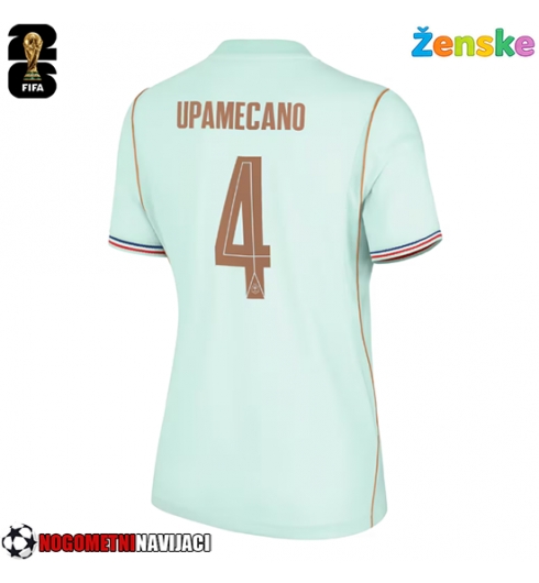 Ženske Nogometnih dresov Francija Dayot Upamecano #4 Gostujoči SP 2026 Kratki rokavi Ženske Nogometnih dresov Francija Dayot Upamecano #4 Gostujoči SP 2026 Kratki rokavi